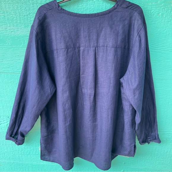 EILEEN FISHER LINEN ORGANIC MANDARIN COLLAR BUTTON DOWN SHIRT SIZE 1X NAVY BLUE - Picture 7 of 8